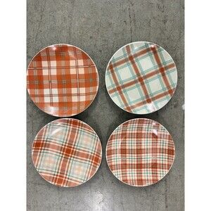 Lot of 4 Pier One Imports Orange & Teal Plaid Porcelain 6-inch Snack Plates